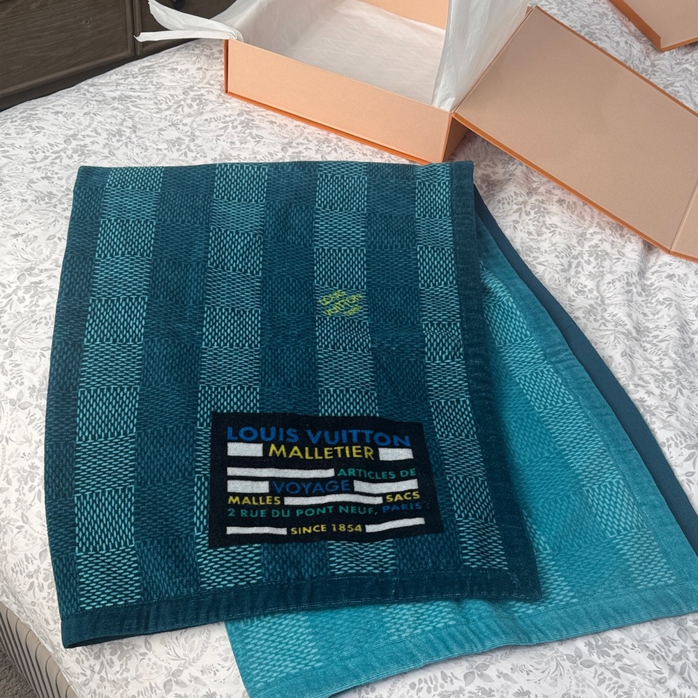 Louis Vuitton Teal and Aqua Checkered Towel
